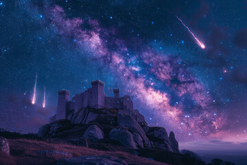 A mystical night sky with meteors raining over an enchanted castle on a hill,