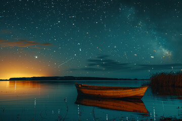 A peaceful scene of a small boat on a lake, under a sky glittering with meteors and stars,