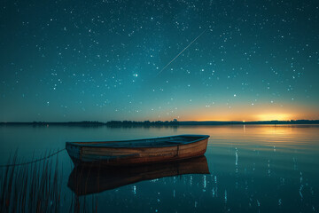 A peaceful scene of a small boat on a lake, under a sky glittering with meteors and stars,