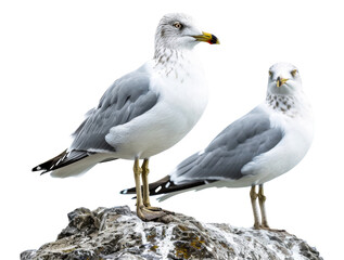 Obraz premium Pair of seagulls standing on a rock isolated on transparent background png