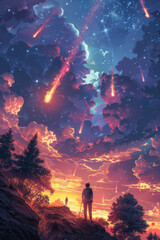 A surreal illustration of a night sky with meteors and mythical creatures watching from the clouds,