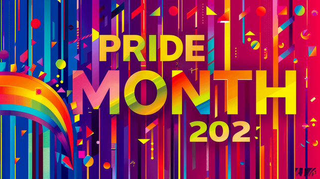 Pride month 2021 logo with rainbow flag. Pride symbol with heart, LGBT, sexual minorities, gays and lesbians. Banner Love is love. Template designer sign,generative AI