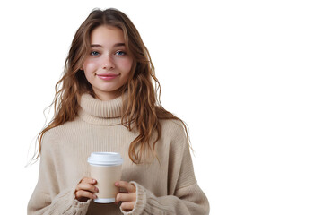 European woman in beige pullover standing with coffee cup on isolated transparent background