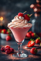 A frosty strawberry daiquiri with a swirl of whipped cream and a berry skewer, perfect for a hot day,