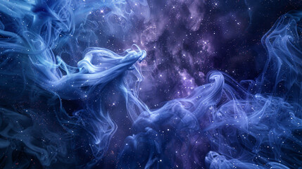 Smoke swirling in a cosmic dance of deep blues and purples, punctuated with flecks of star-like white.