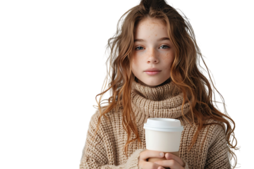 European woman in beige pullover standing with coffee cup on isolated transparent background