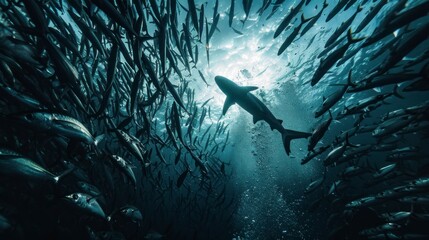 Fototapeta premium shark swimming surrounded by fish or sardines in the sea in high resolution and high quality