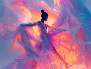 A woman dances gracefully in a flowing gown, her movements are captured in a stunning photograph.