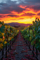 Sunset in a vineyard with rows of grapevines silhouetted against a sky of blending oranges and...