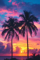 Silhouette of palm trees against a tropical sunset, colors blending from warm yellow to rich magenta,