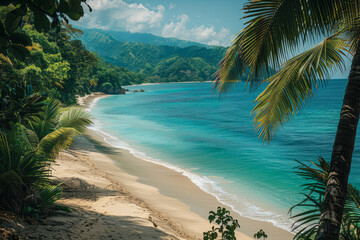 A panoramic view of a tropical forest edge, blending into a sandy beach with bright ocean in the background,