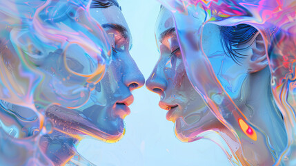  A close-up close-up image of a couple in love in front of holographic glass sculptures against a pale blue background, waves of translucent resin create an atmosphere of romance and mysticism.