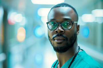 Fototapeta premium Doctor Portrait: photography of a doctor / surgeon / pharmacist standing in hospital, with blurred background. 