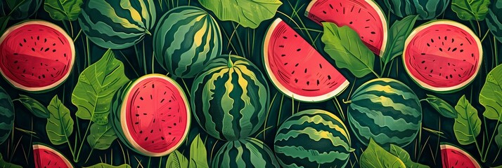 illustration of whole and sliced watermelons amidst lush leaves