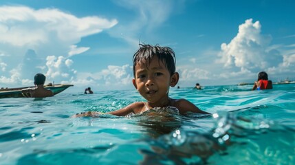 A young boy joyfully swims in the ocean with a group of people visible in the background.