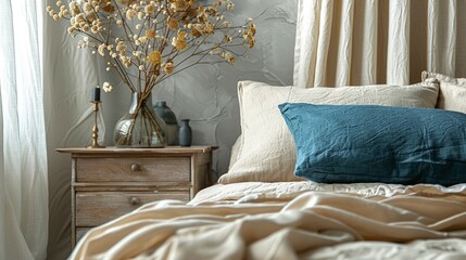 Close up on a modern bed with wooden night stand in a bedroom, dried flower branches in vase, beige linen sheets and teal pillow cushion, morning light and shadow, copy space.
