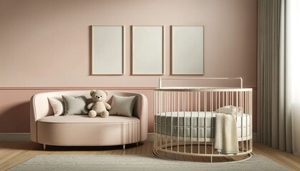 Three poster frame mockup in child room with oval crib, girl's room background, teddy bear on round sofa, pastel pink wallpaper, copy space.
