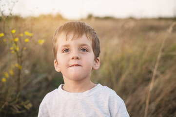 Boy 3 years old against the backdrop of the steppe at sunset, close-up portrait. Blurred image. A child against the background of hay and fields in ordinary clothes