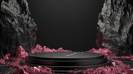 3d presentation pedestal or dais with red ruby crystal at background, stage podium elegant luxury stand on dark background, for precious product display showcase.