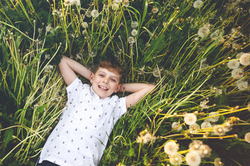Adorable cute school boy laying on grass on a dandelion flower field the nature in the summer. Happy healthy beautiful child with blowball, having fun. Bright sunset light, active kid.
