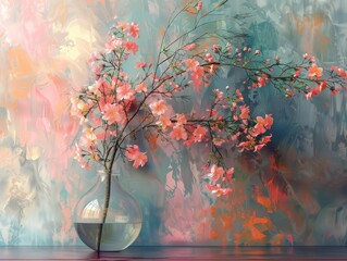 A beautiful painting of a cherry blossom branch in a glass vase