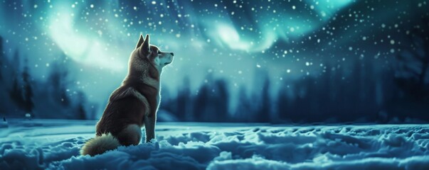 Shiba Inu gazing at the northern lights, magical winter scene, ideal for travel or outdoor gear promotions.