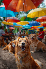 A playful scene of dogs frolicking around brightly colored umbrellas, with their owners lounging in the background,