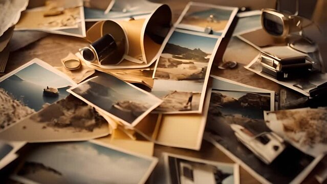 Pile of Polaroid Pictures on Wooden Table Generative AI