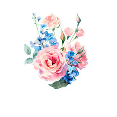 watercolor clipart with a bouquet of pink and blue roses and leaves