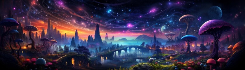 Fototapeta premium Digital artwork of whimsical space animals in an alien zoo, dynamic poses, starry background