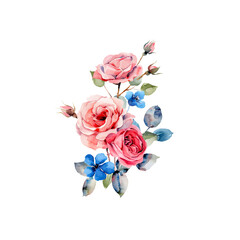 watercolor clipart with a bouquet of pink and blue roses and leaves