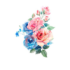 watercolor clipart with a bouquet of pink and blue roses and leaves