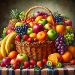 basket of fruits fruit, food, apple, orange, pineapple, fresh, isolated, basket, healthy, grape, fruits, banana, grapes, citrus,Ai generated 