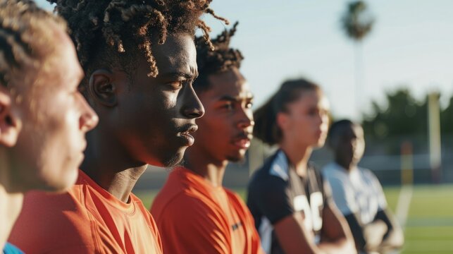 Several young men are standing next to each other on a soccer field, possibly discussing strategy or preparing for a match.