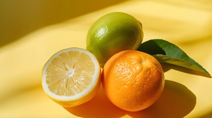 citrus fruits isolated on yellow background lemon lime orange still life studio shot