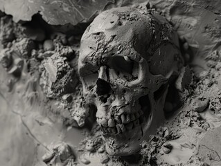 A skull is a bone structure that forms the head and protects the brain. This skull is made of clay.