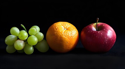 Fruit isolated on black background grapes orange apple still life studio shot