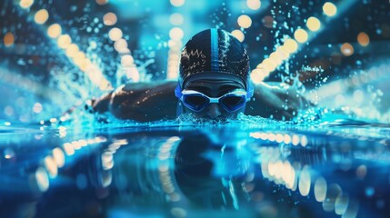 A man wearing goggles is swimming in the water.