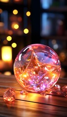 Magic crystal ball on wooden table against blurred background. Space for text