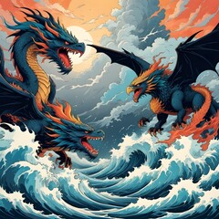 Intense struggle as dragon meets eagle amid stormy seas and thundering skies