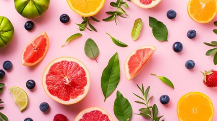 Fruits and Leaves Pattern on a Pink Background