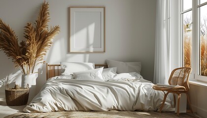 serene atmosphere with a white frame mockup in a light cozy bedroom interior