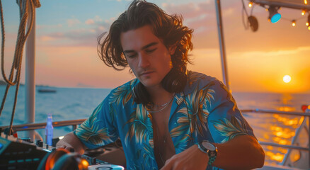 beautiful man with wavy hair and goatee wearing blue Hawaiian shirt DJing at an open air nightclub...