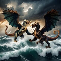 Fierce dragon and eagle duel over stormy seas amidst thundering skies
