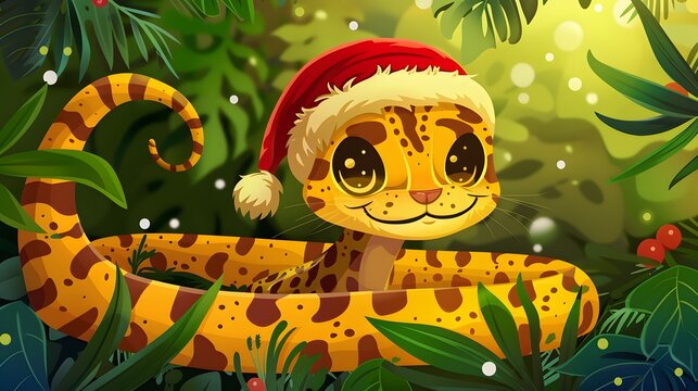 Cartoon Leopard Snake with Santa Hat in Tropical Christmas Scene
