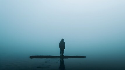 Person Standing Alone on Foggy Shoreline