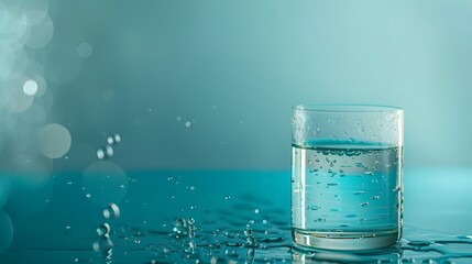 Glass of Water with Splashing Droplets on Turquoise Background