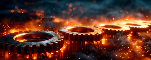 Fototapeta premium Liquid from the gears is heating up, creating a smoky gas in the dark landscape