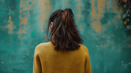 Woman Facing Away with Turquoise Wall Background