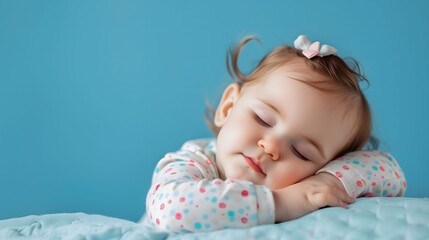 Sleeping Baby Girl with Polka Dot Pajamas on Blue Background